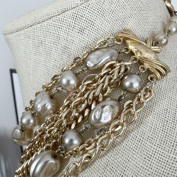 1950's MCM Coro 8 Strand Gold Chain and Pearl Bead Choker Bib Necklace 15” - Picture 4 of 11